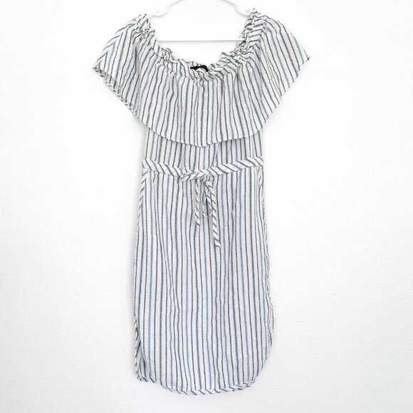 BCBGMAXAZRIA Dress Alexis White Blue Stripe Off The Shoulder Ruffle - Picture 2 of 9